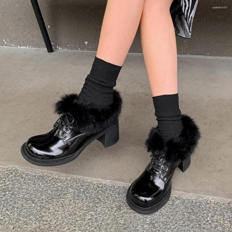 

Boots OLOMLB Womens Round Toe Patent Leather Real Fur Warm Winter Lace Up Block Chunky Heel Oxfords Wingtips Shoes 2022 2Color, Black