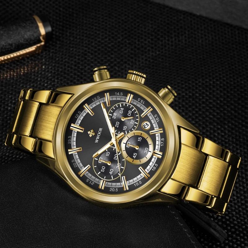 

Wristwatches WWOOR Men Watch 2022 Top Sports Quartz Military Waterproof Chronograph Stainless Steel Wristwatch Relogio Masculin, Gold black