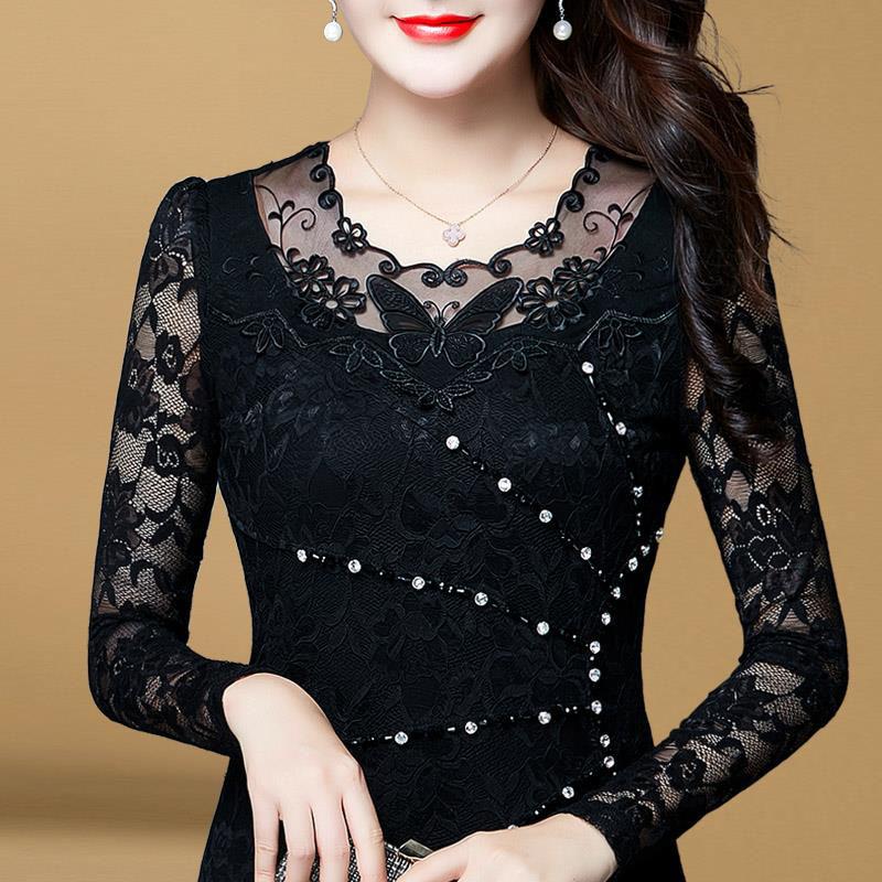 

Women's Blouses & Shirts Butterfly Embroidery Lace Women Long Sleeve Shinny Decor V-Neck Blusas Tops DD8010, Black