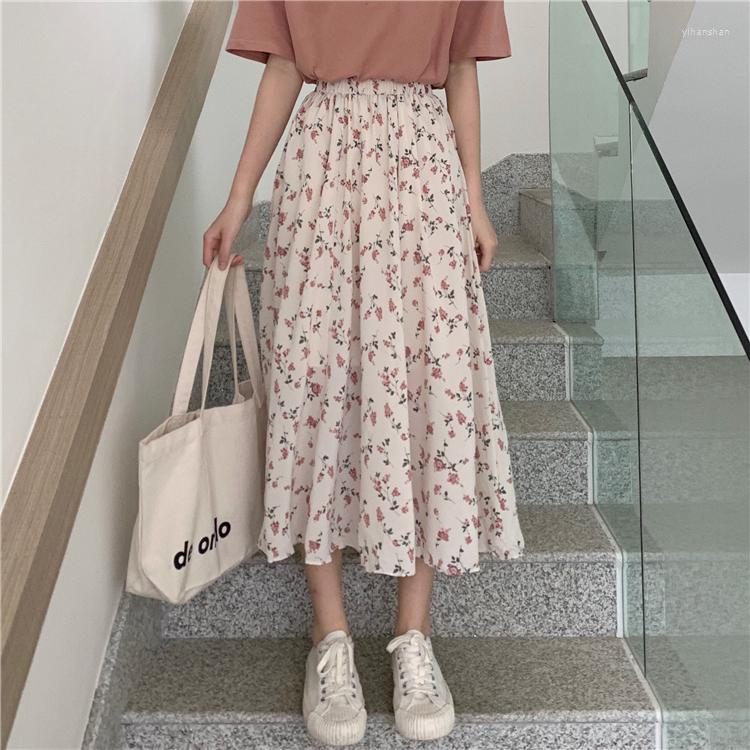 

Skirts A-line Pleated Female Fashion Korean Summer Skirt Elastic Waist Drawstring Midi Women Spring Floral Print Long, Pink