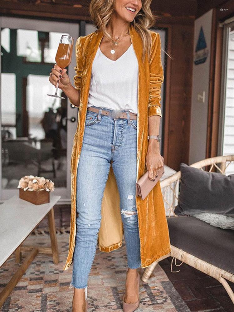 

Women' Trench Coats Autumn Winter Fashion Velvet Cardigan Coat Women 2022 Elegant Solid Color Slim Long Sleeve Maxi Outerwear Warm Soft, Yellow