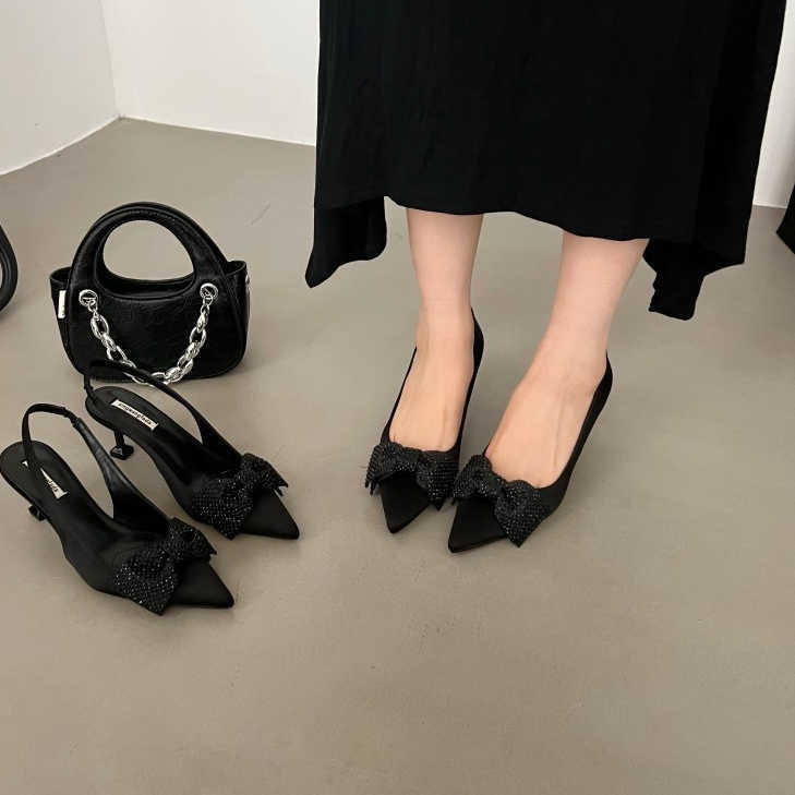 

High Heel Shoes Women's Slim Heel Temperament Celebrity Pointed Rhinestone Bowknot Wrapped Back Air Sandals, Black back