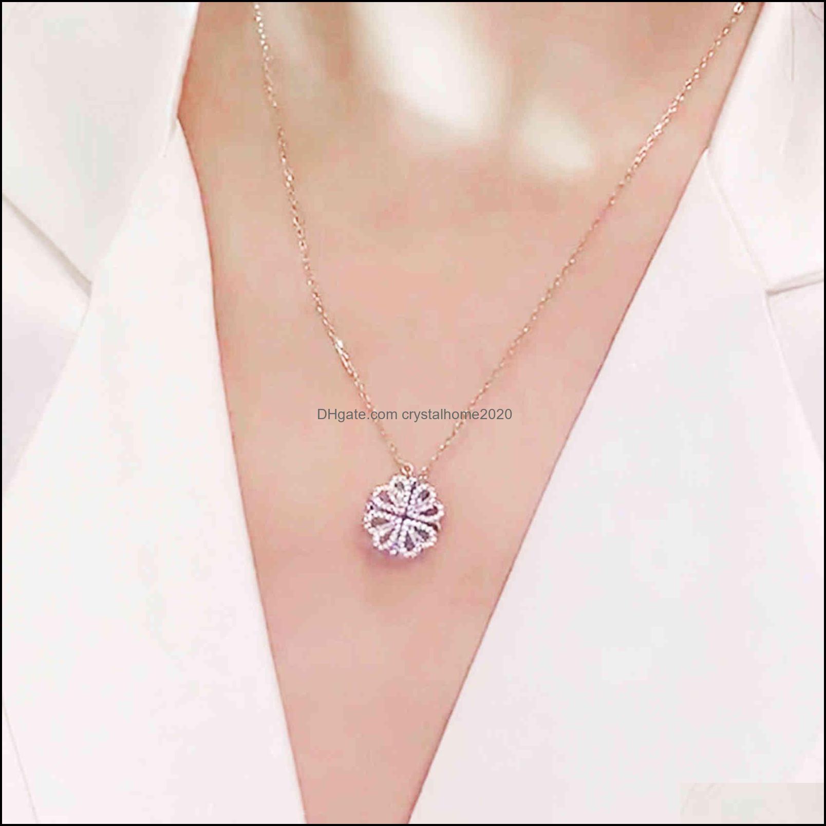 

Pendant Necklaces Four Leaf Clover Heartshaped Two Ways Wearing Charm Necklace 925 Sier Ice Out Cubic Zircon Magnetic Pendant Drop D Ottkl