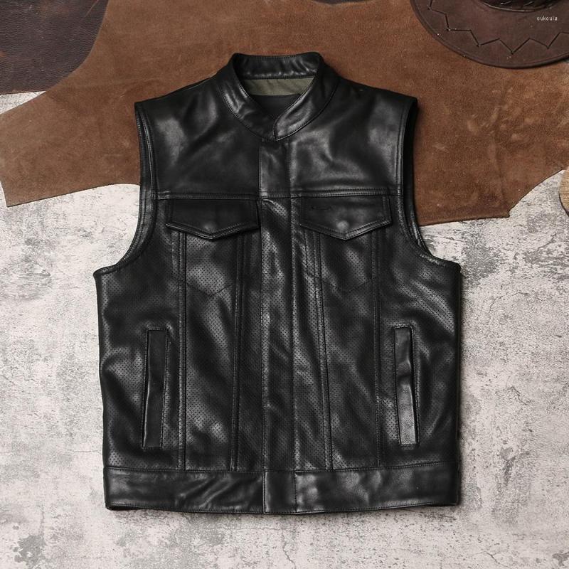 

Men' Vests Mens Genuine Leather Motorcycle Biker Vest Black SOA Riding Cowhide Zipper Button Mesh Perforated Breathable Sleeveless Jackets