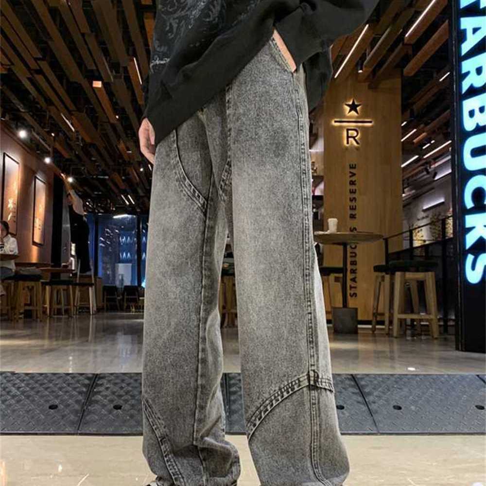 

Men's Jeans New Retro Straight Designer Long Pants Fashion Stitching Design Solid Color Casual Street Clothing Denimmgpx, Beige