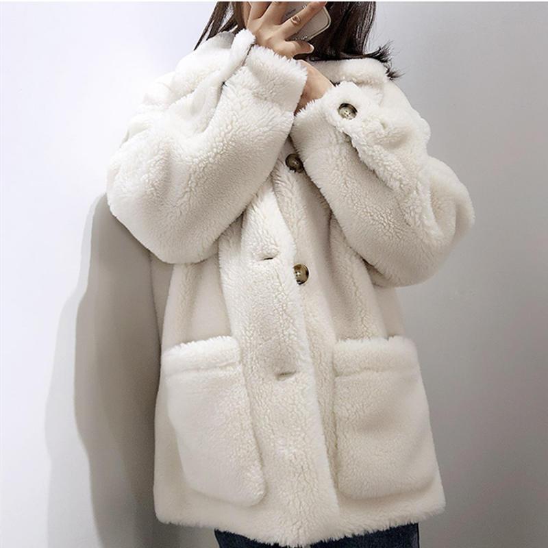 

Women' Fur & Faux Women Coat Loose Thicken Parkas Lambs Wool Winter Jacket Plush Coats Warm Soft Female HK163, Red