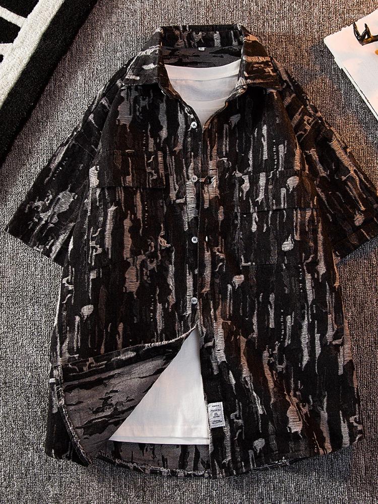 

Men' Casual Shirts Mafokuwz Japan Vintage Short-sleeved Shirt Men Ripped Denim Design Niche Loose Blouse Unisex Punk Goth Button Up Top, Black