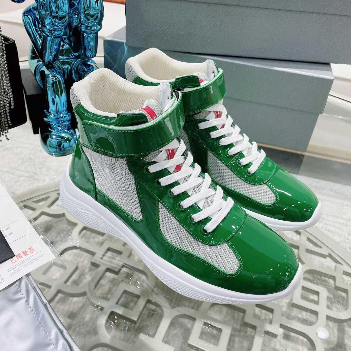 

Quality America Cup Designer Casual Shoes High Patent Leather Sneakers Black Blue Nylon Rubber Shoe With Box