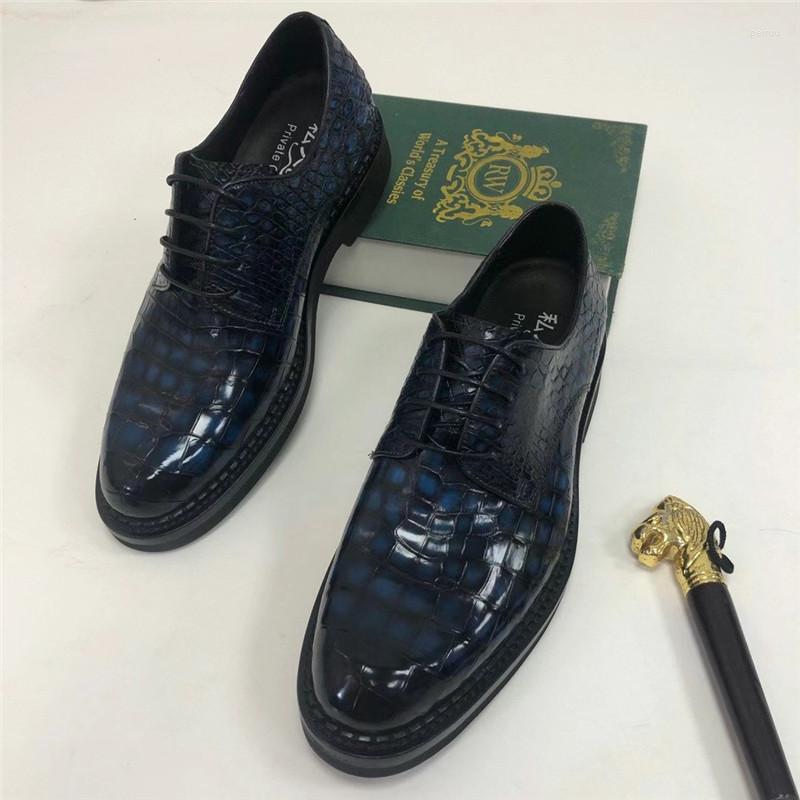 

Dress Shoes Authentic Exotic Crocodile Skin Hand Painted Navy Blue Men's Chic Derby Genuine Real Alligator Leather Male Oxfords