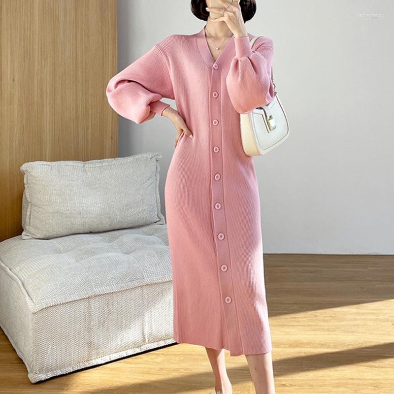 

Casual Dresses 2022 Autumn Elegant V-neck Over-the-knee Sweater Dress Winter Long Cardigan Lantern Sleeve Midi Button Vintage Knitted OL, Apricot