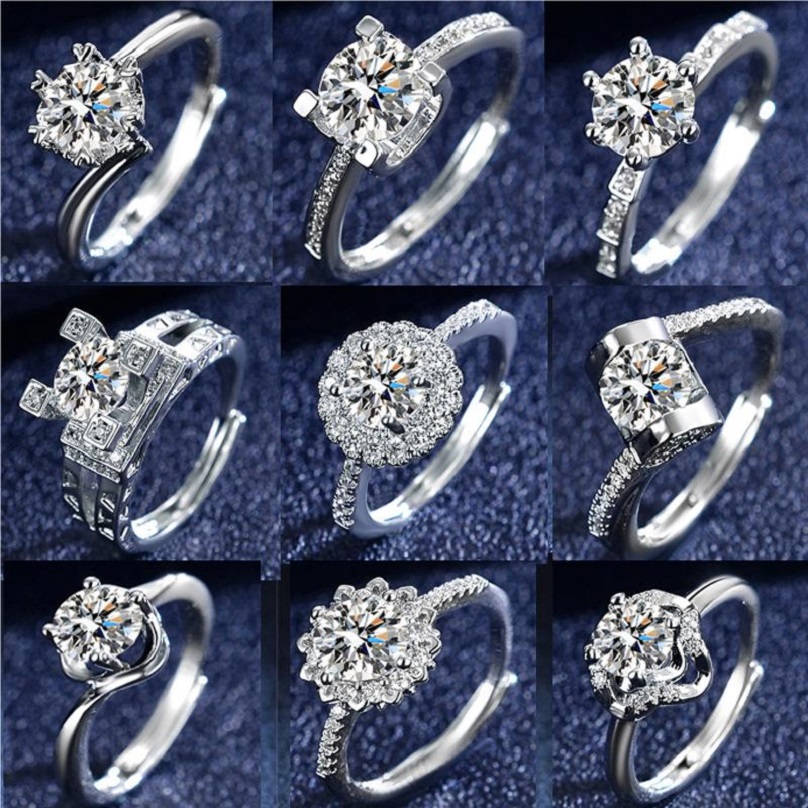 

Elegant Silver Plated Cubic Zirconia Ring for Women Rhinestone Crystal Diamond Stone Ring Free Size Mixed Styles Jewelry Gift
