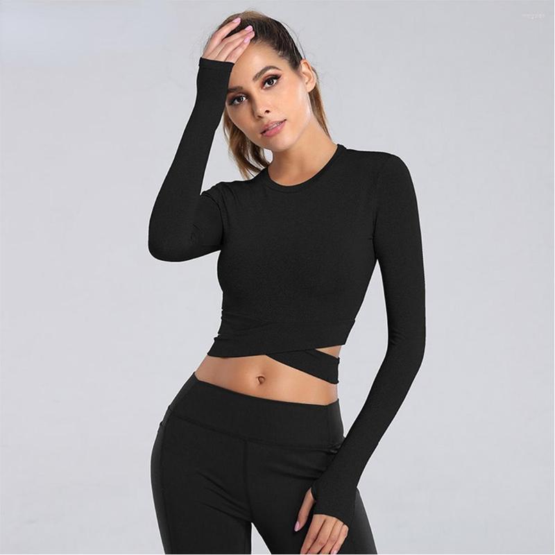 

Active Shirts Crop Tops Women Yoga T-shirts Solid Sports Top Long Sleeve Running Sexy Exposed Navel Quick Dry Fitness Gym Sport Wear, Black short sleeve