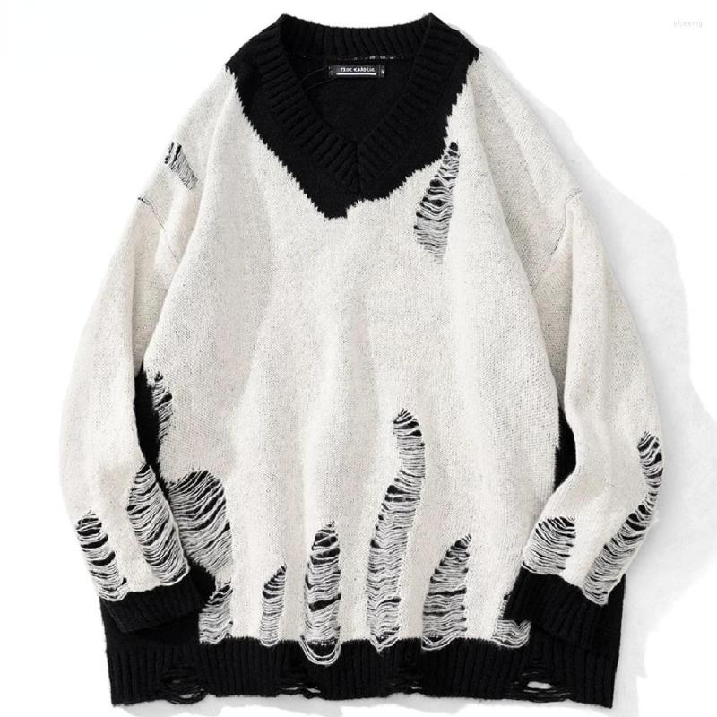 

Men's Sweaters Hip Hop Hole Sweater Men Harajuku Streetwear White Knitted Vintage Oversized Pullovers Unisex Winter Ripped Jumper