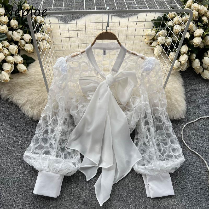 

Women's Blouses Neploe V Neck Bandage Bowknot Autumn Winter Solid Color Lantern Sleeve Hollow Out Shirts Blusas Mujer Women Clothing, White