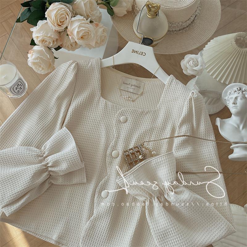 

Women' Blouses & Shirts QWEEK Elegant Crop Top Women Vintage Button Up Cardigan Square Collar Office Wear Korean Style Flare Sleeve Camisas, Xin
