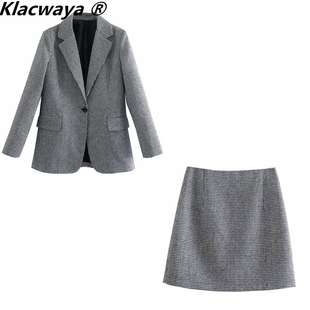 

Two Piece Dress Klacwaya Women Fashion Two-Piece Set Vintage Single Button Long Sleeve Checkered Blazer Female High Waist A-Line Skirt Suit 221207