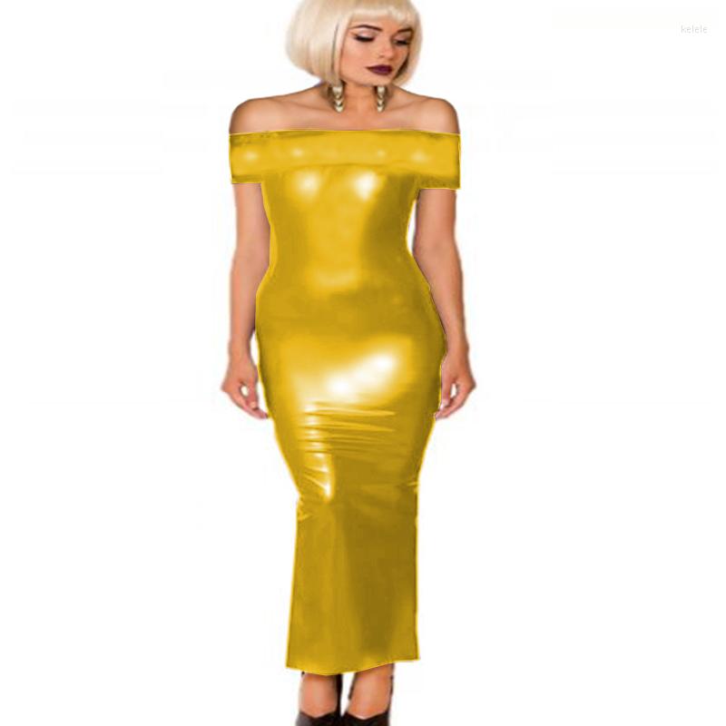 

Casual Dresses 16 Colors Sleeveless Bodycon Long Dress Women Sexy Slash Neck Vestido Faux Leather Off Shoulder Stage Performance Costume, Black