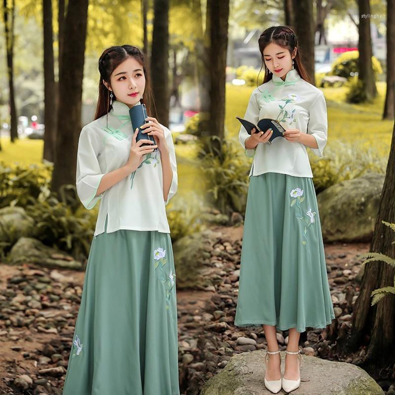 

Ethnic Clothing Traditional Chinese Style Women Hanfu Elegant Tang Dynasty Folk Dance Stage Performance Outfit Two-Piece Suit Stand Collar