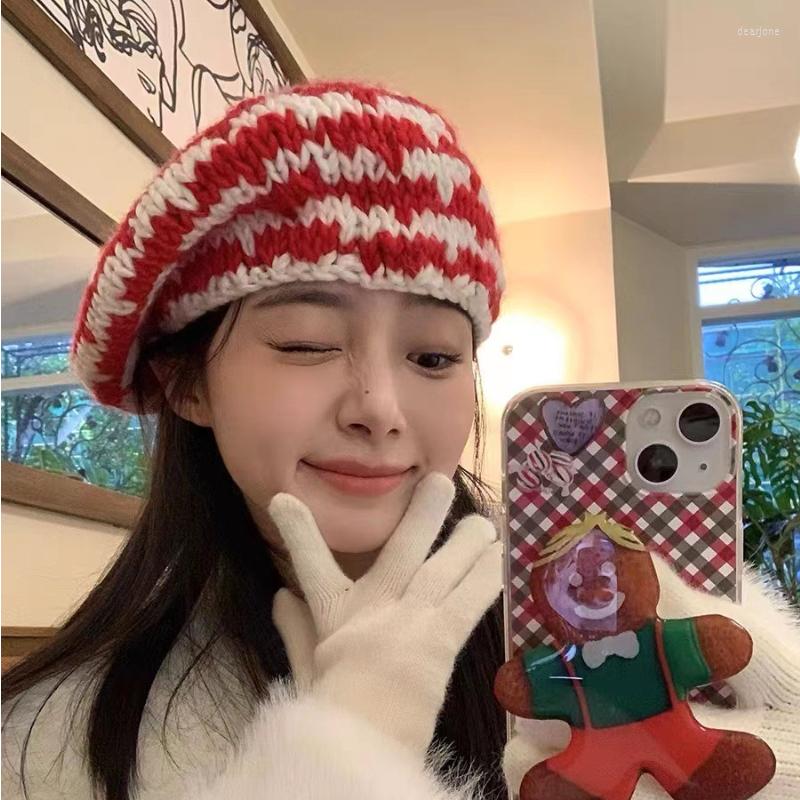 

Hats Korean Mixed-color Knitted Coarse Wool Beret Female Autumn And Winter 2022 Color Matching Retro Painter, Red