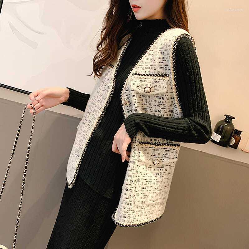 

Women' Vests Woman Vintage Fashion Mid-Length Tweed Vest Jacket Female Elegant Button Waistcoat Jackets V-neck Veste Femme Sweater Coats, Black