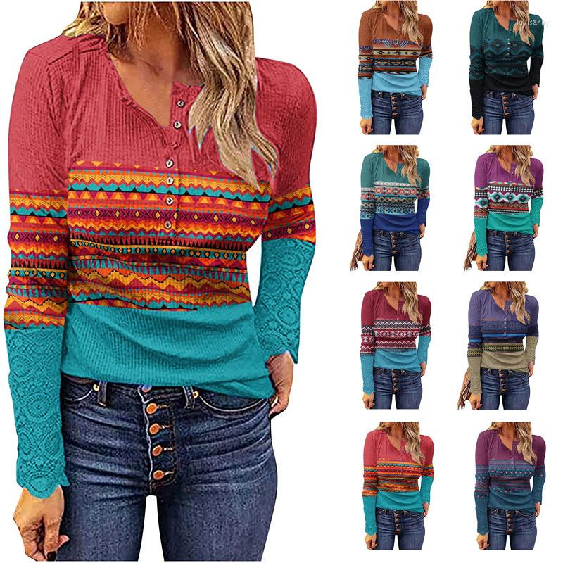 

Women' T Shirts Geometric Print T-shirt Tee Women' Autumn Winter Western Ethnic Style Casual Pullover V Neck Button Long Sleeve, Lake blue