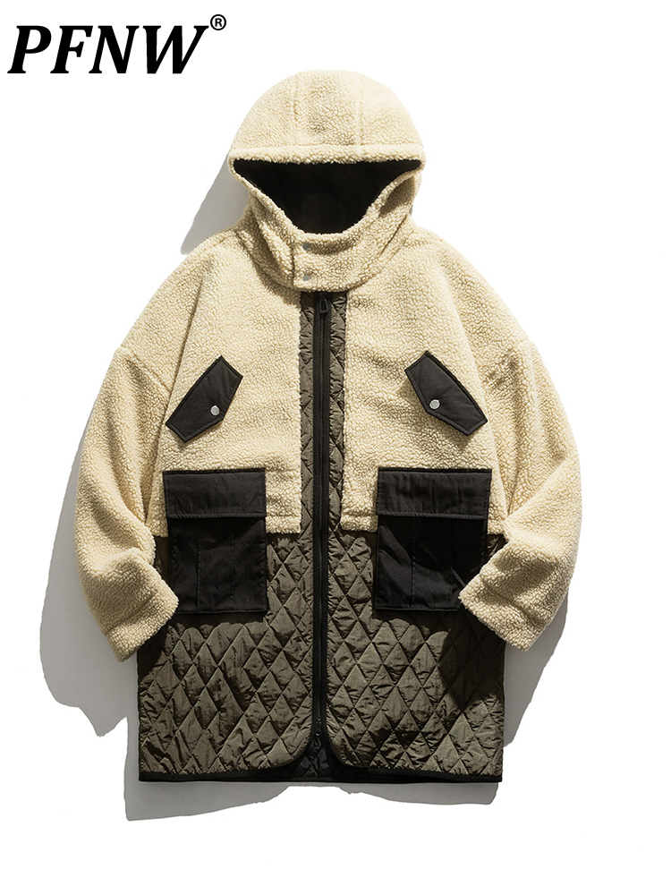 

Mens Down Parkas PFNW Autumn Winter Chic Long Length Hooded Color Blocking Fleece Cotton Jackets Loose High Street Coats 12A5525 221207, Khaki7