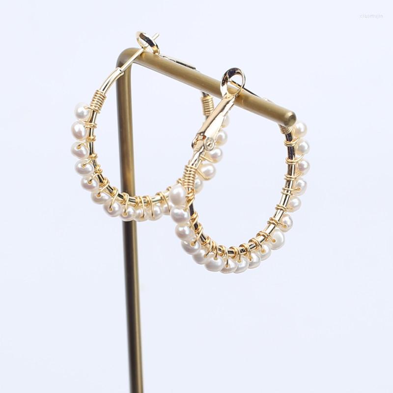 

Hoop Earrings Jewelry Yellow Gold Plated Safe Pin Pure Hand Wrap Freshwater Natural Real Pearl Loop Earring For Lady