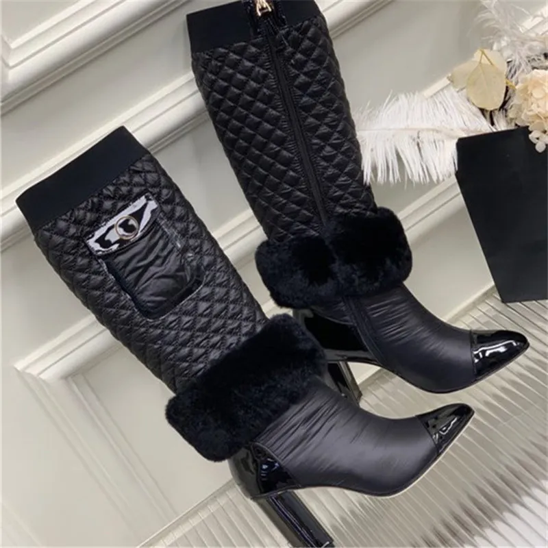 

Waterproof down Cloth Fashion Boot Color Contrast High Heel Women Boots Classic Color Contrast Boots, Black