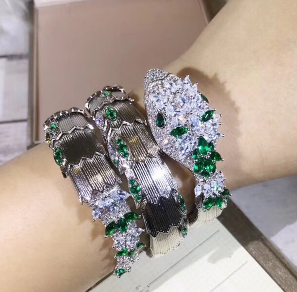

luxury brand replica bangle jewelry cz stone three layer serpent stretch snake bracelets with green eyes party jewelry