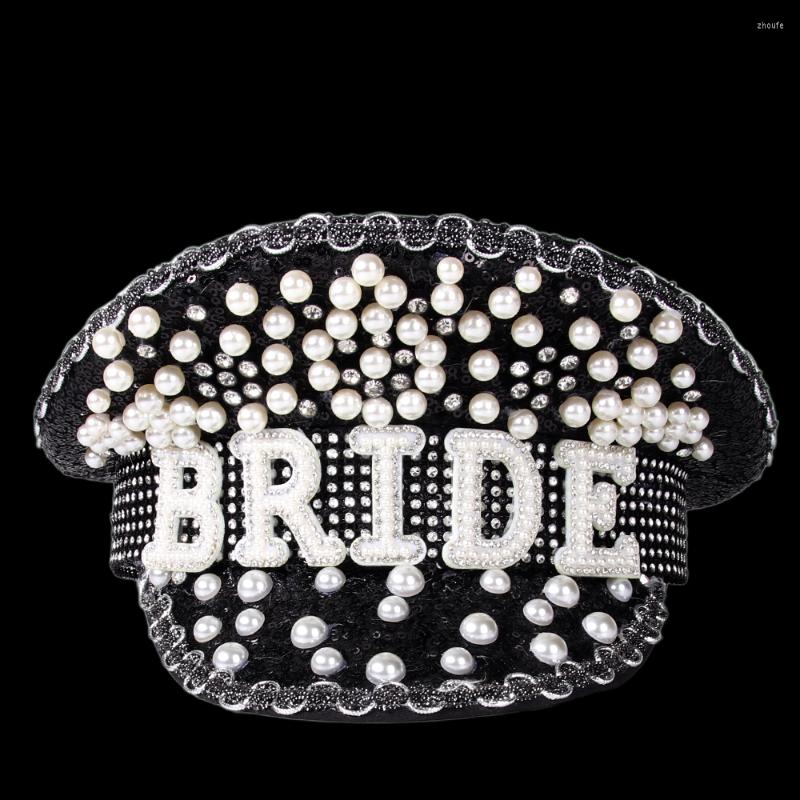 

Berets Women Black Bridal Hat For Queen Bride Military Luxury Pearl Sergeant Captain Birthday Bachelorette Hen Do Party, Black-only hat