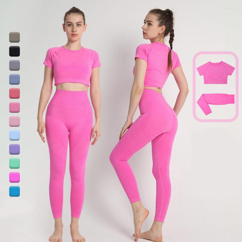 

Active Sets Seamless Two Piece Yoga Set Short Sleeve Leggings Women Clothing Sportswear Workout Top And Suit Outfits Gym, Black