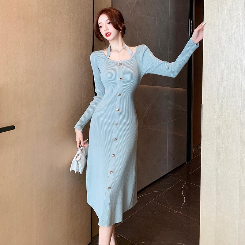 

Casual Dresses French Single Breasted Decoration Knitted Women Sweater Dress Ladies A-Line Autumn Winter 2022 Halter Long Sleeve, Black