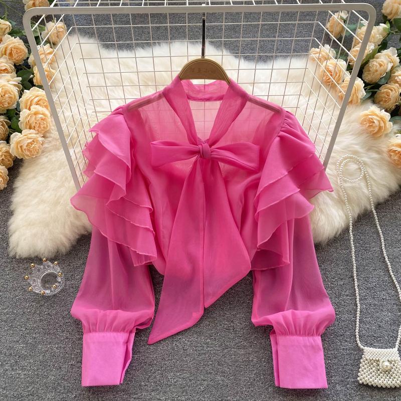 

Women's Blouses Ladies Vintage Lace-Up Bow Rhinestone Buttons Court Style Shirts Spring Autumn Women Layered Ruffles Black White Tops, Green