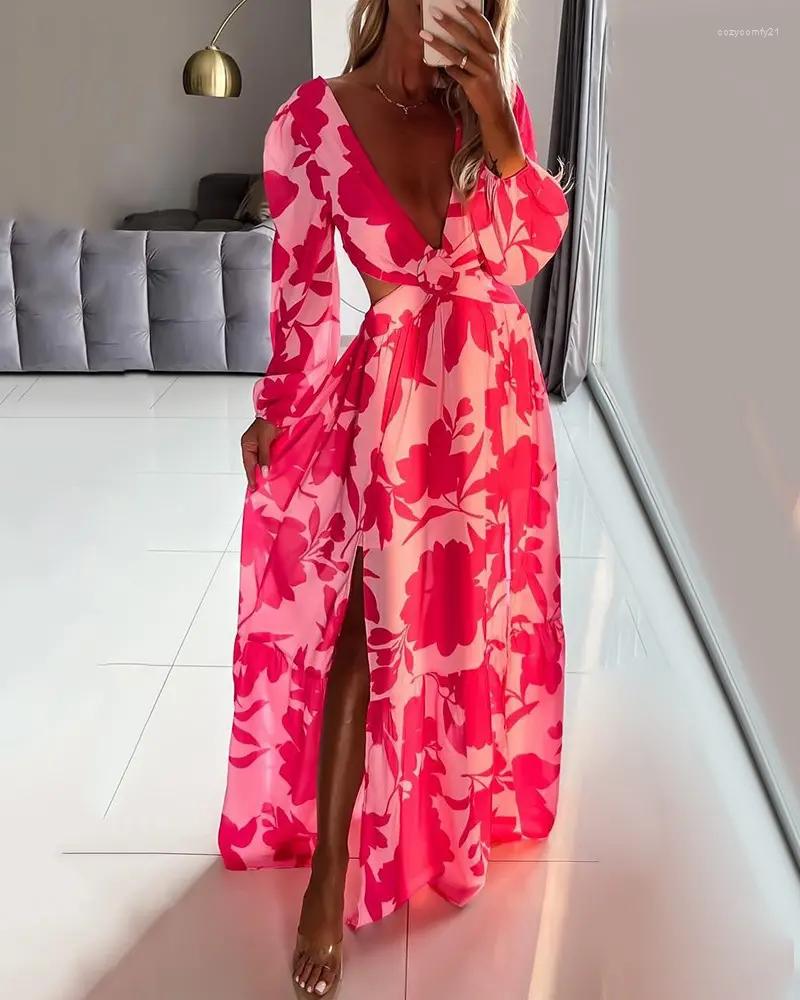 

Casual Dresses 2022 Summer Women' Sexy Plunge Lantern Sleeve High Slit Cutout Floral Print Maxi Dress V Neckline Tied Detail
