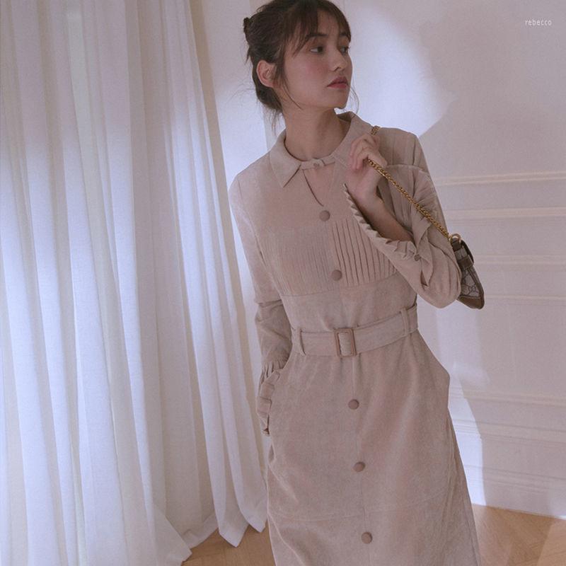 

Casual Dresses Elegant Beige Midi Long Flare Sleeve Autumn Dress Women Corduroy Pleated Single Breaste Waisted OL Robe Hiver