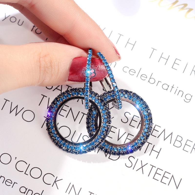 

Hoop Earrings Korean Fashion Women's Blue Shine Office Career Round Full Rhinestone Statement Simple Small Jewelry Party Gifts