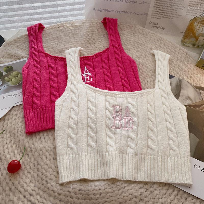

Women's Tanks ITOOLIN 2022 Ribbed Knitted Crop Tops Sweet Women Lettering Embriodred Camis Summer Tube, White