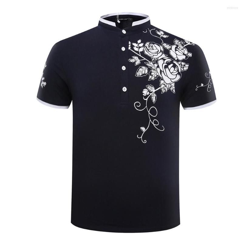 

Men's Polos Nice Summer Men Polo Shirt Short-sleeve Fashion Rose Floral Print Slim Stand Collar Business Leisure Tops, White