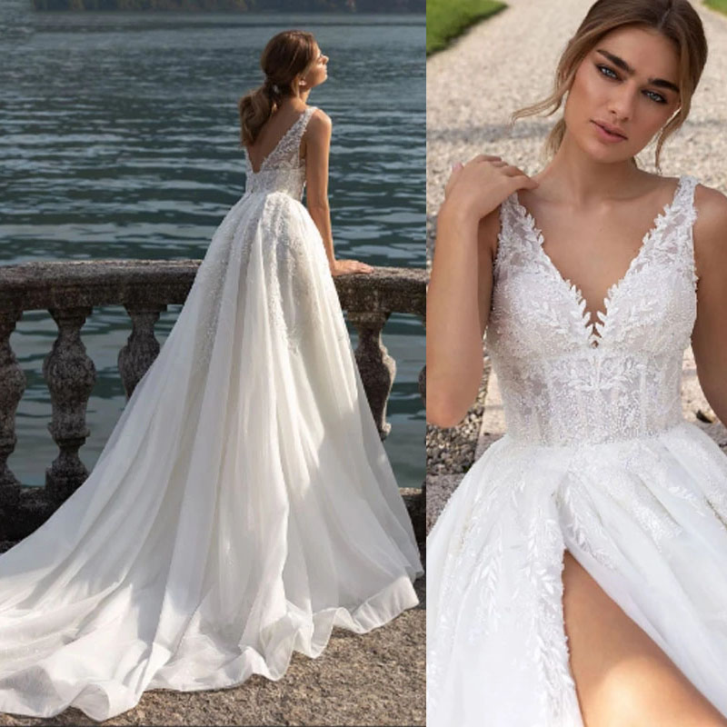 

Princess Side Split Wedding Dress For Women Bridal Gown Elegant V-Neck Regular Straps Vestidos De Novia Custom Made, Ivory