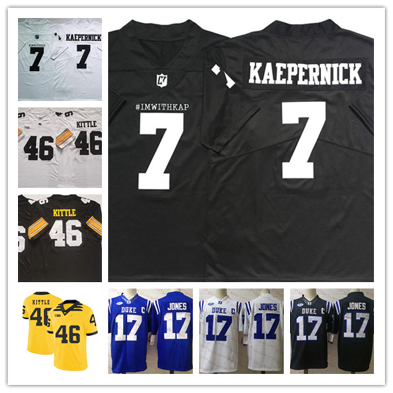 

Mens DANIEL JONES Duke Blue Devils Football Jerseys Stitched #46 George Kittle Iowa Hawkeyes #7 Colin Kaepernick IM WITH KAP Jersey, 44 travon walker