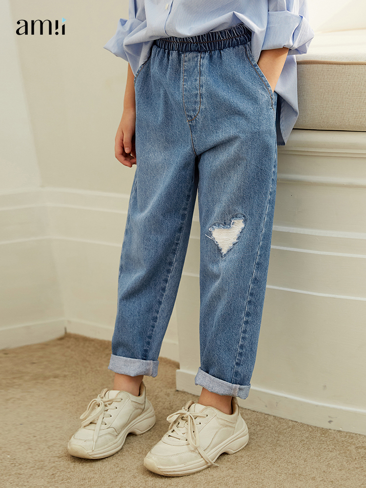

Trousers Amii Kids Autumn Jeans for Girls 3 12years Loose Casual Elestic Waist Holes Heart Design Children Clothing 22170058 221207, Heart hole