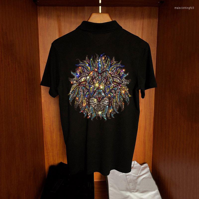 

Men's Polos Summer Polo Shirt Fashion Street Self-Cultivation Brand Loose Short-Sleeved Lion Shiny Diamond Pattern, As shown asian size