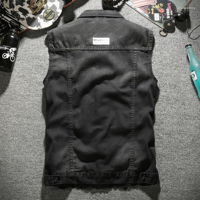 

Men's Vests Korean Thin Slim Fit Vintage Cowboy Sleeveless Waistcoats Single Breasted Turn Down Collar Fashion Mens Denim Plus Size, Black