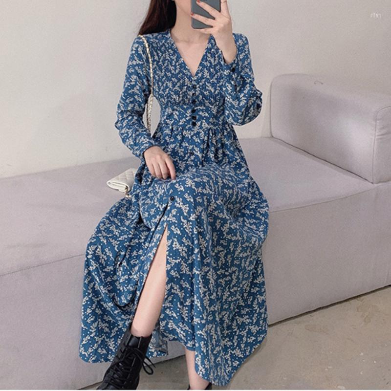 

Casual Dresses Elegant V-neck Split Floral Dress Women's Clothing Spring Autumn Slim Chiffon D1250, Black