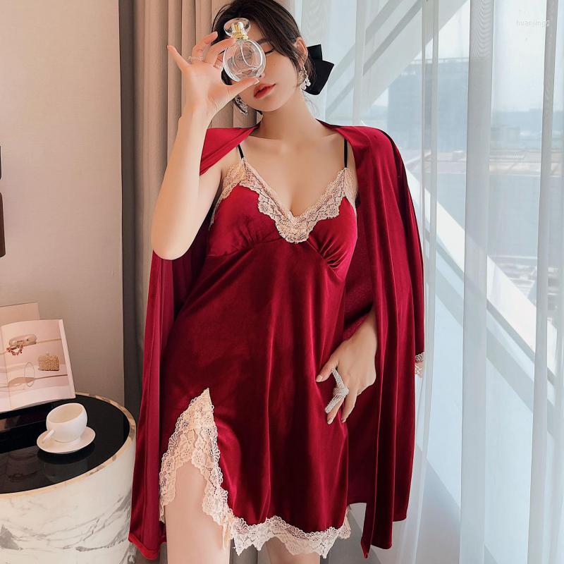 

Women's Sleepwear Lace Velour Sexy Two-pieces Robe Set Female V-Neck Nightgown Kimono Bathrobe Gown Autumn Intimate Lingerie Nightwear, Burgundy