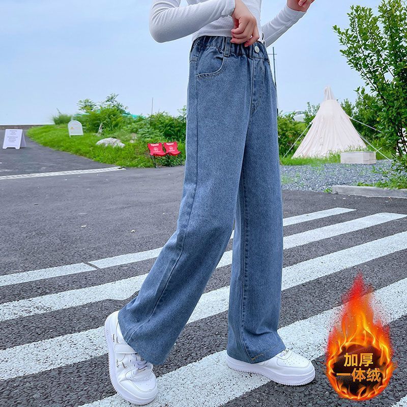 

Trousers Teenager Jeans for Girls Elastic Waist Denim Wide Leg Pants Solid Color Children's Spring Costume 5 7 9 11 13 14 Years 221207, Blue spring autumn