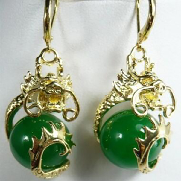 

NEW Fashion Jewelry Fancy 12mm green jade dragon earrings AAA