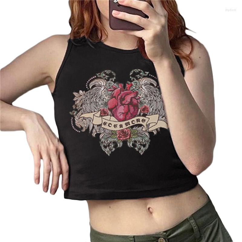 

Women' Tanks Women Graphic Print Summer Casual Slim Fit Round Neck Sleeveless Crop Tops Vest Vintage Y2K Harajuku Aesthetic 2022, Black