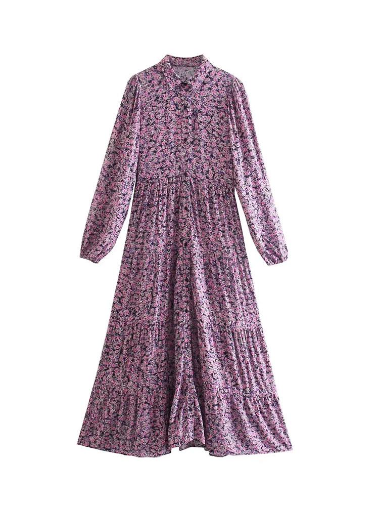 

Casual Dresses Nlzgmsj ZBZA Women 2022 Vintage Flower Print Shirt Dress Chic Female Long Sleeve Pleated Party Vestidos, Picture shown