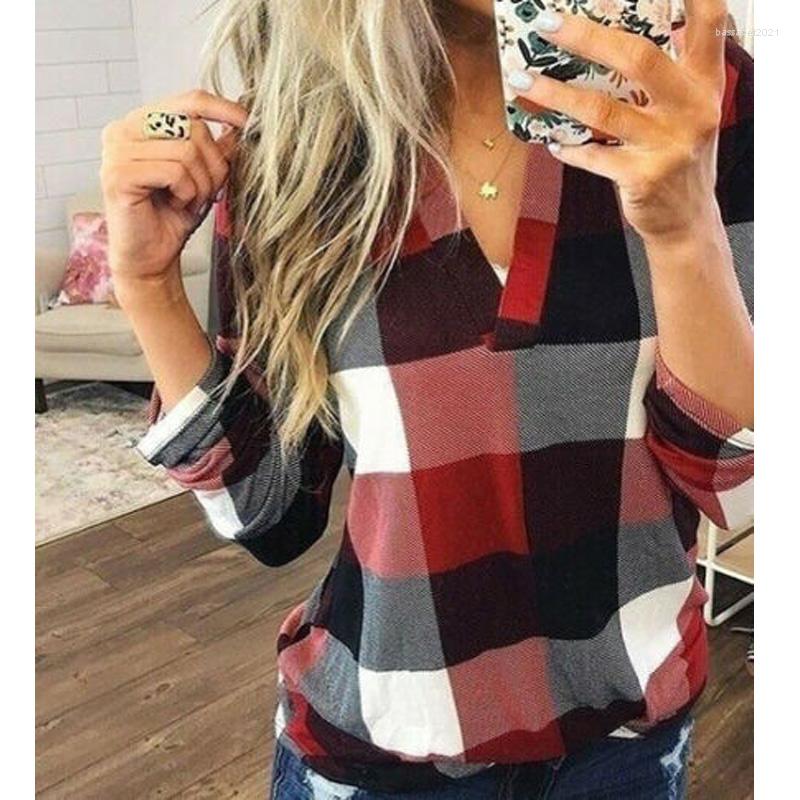 

Women' Blouses 2022 Plus Size V-neck Plaid Printed Blouse Shirt Women Autumn Long Sleeve Loose Tops Elegant Ladies Office -3XL, Blue